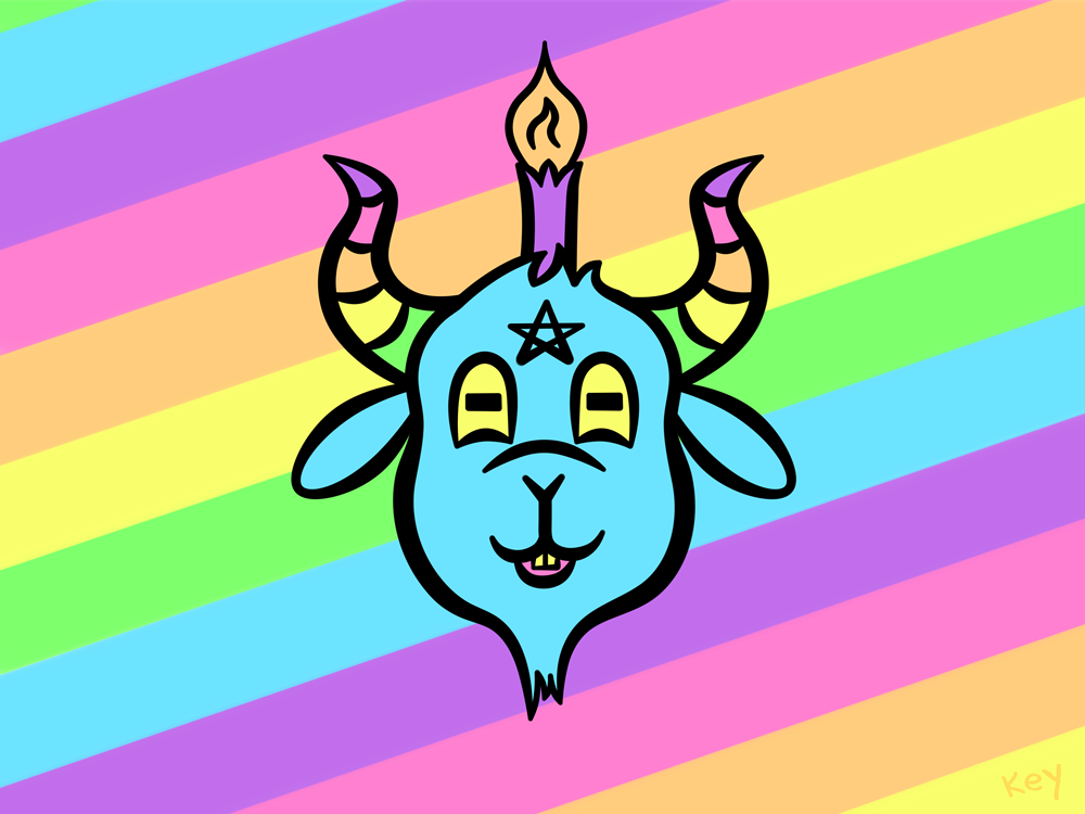 a colorful, cartoony Baphomet bust on a rainbow background