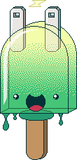 a smiling, slime-dripping green popsicle with electrical plug prongs in the top that give off sparks