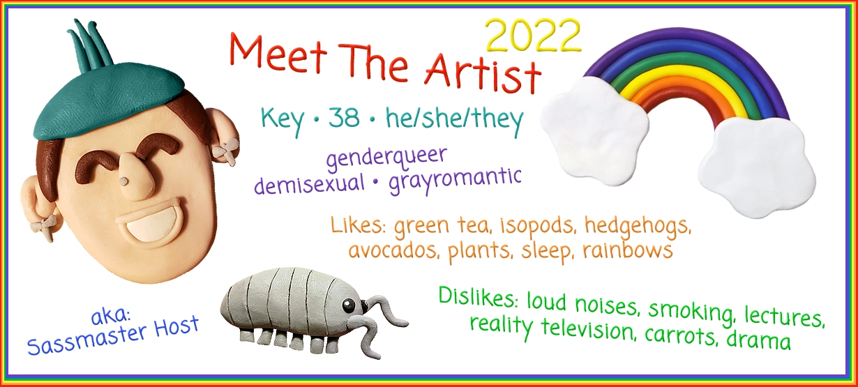 a clay bust of the artist, a clay isopod, and a clay rainbow surrounding facts about the artist