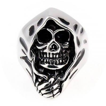 a silver ring depicting the face and hood of the grim reaper