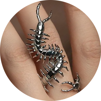 a silver ring designed to look like a centipede coiling around the finger