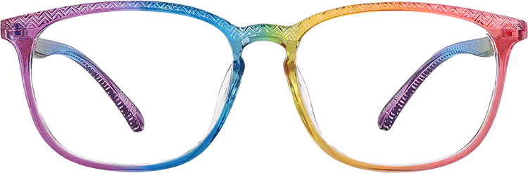 a pair of square-frame, rainbow acrylic glasses frames
