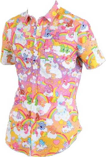 a shirt in pastel pinks and oranges, featuring a pattern of Care Bears among the clouds