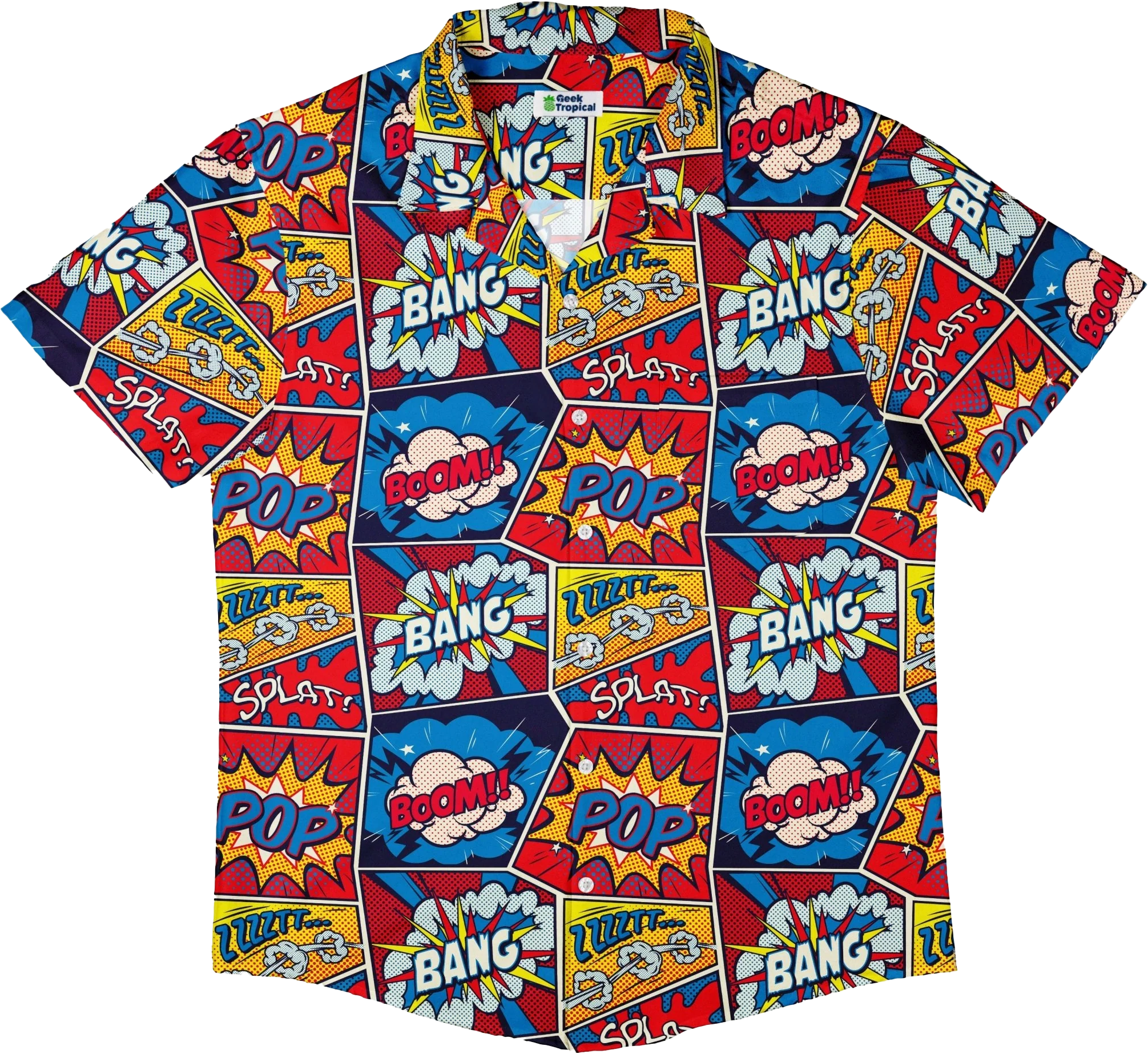 a white button-up shirt with pop art-style 'comic' panels decorating it