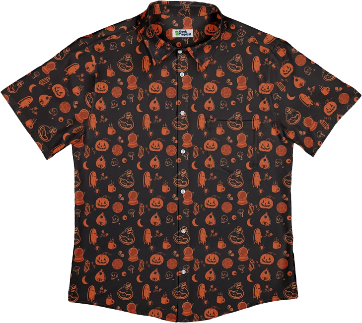 a short-sleeved, black button-up shirt with orange halloween imagery decorating it