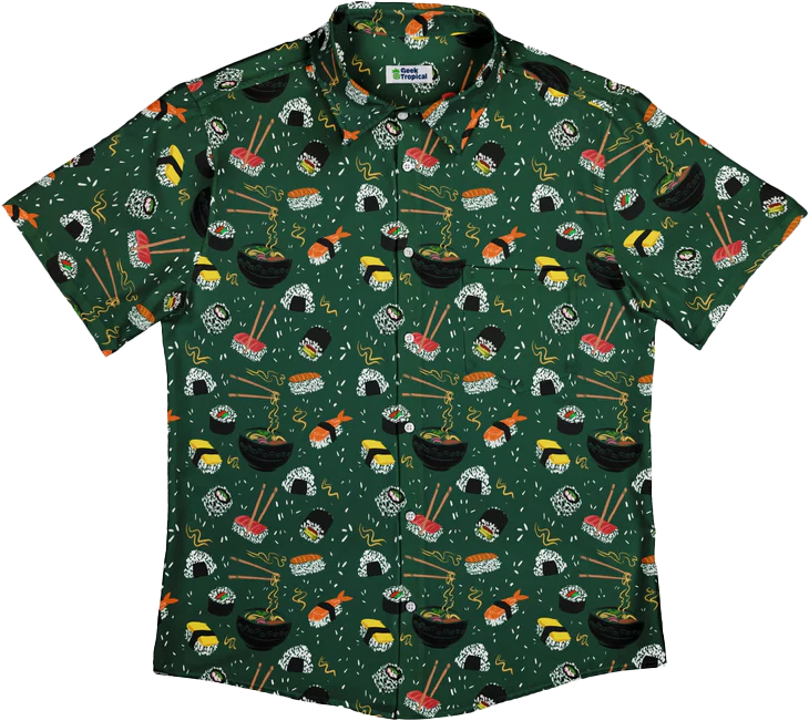 a short-sleeved, dark green button-up shirt with images of sushi decorating it