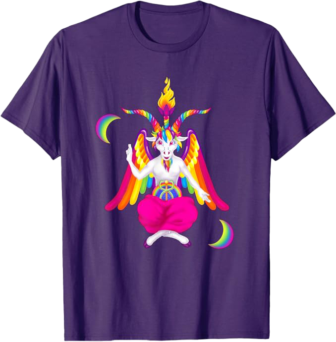 a purple t-shirt with a Lisa Frank-inspired Baphomet design