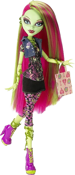 Monster High character Venus McFlytrap with straight hair in a punk, half-shaved style
