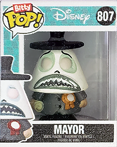a miniature plastic 'Funko Pops' box with a tiny figure of the Mayor from The Nightmare Before Christmas