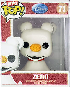a miniature plastic 'Funko Pops' box with a tiny figure of Zero the ghost dog from The Nightmare Before Christmas