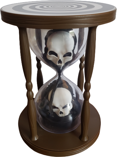 a plastic hourglass with the heads of Crankgameplays and Markiplier in the black sand. The reverse side is the same but with their skulls instead.