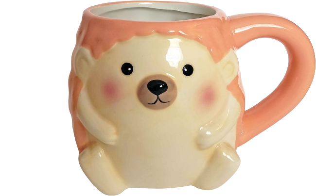 a coral-colored mug in the shape of a hedgehog.