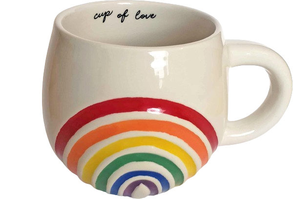 a white mug with a stylized, bold-colored rainbow shaped into the side. The inside lip of the mug reads 'Cup of Love.'