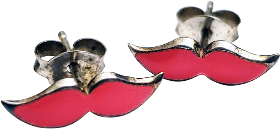 a pair of silver stud earrings with pink enamel mustaches