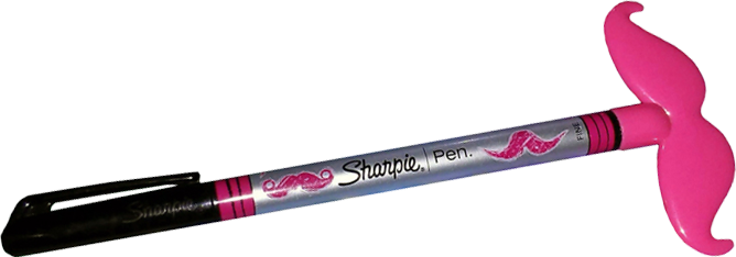 a pink-ink Sharpie fine point pen with pink mustaches on the label and a pink mustache pencil topper on the end