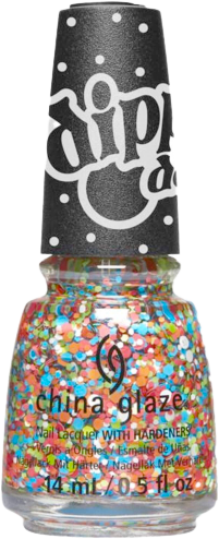 a bottle of clear nail polish with chunky glitter in bright neon hues