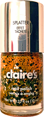 a bottle of matte clear polish with variously-shaped glitters in orange, white and black
