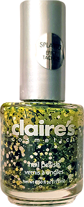 a bottle of matte clear polish with variously-shaped glitters in green, white and black