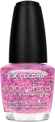 a bottle of light pink jelly nail polish with colorful confetti mixed in