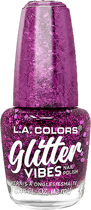 a bottle of clear nail polish with flecks of bright fuschia glitter of various sizes