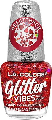 a bottle of clear nail polish with flecks of bright red glitter of various sizes, with heart confetti bits mixed in