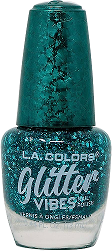a bottle of clear nail polish with flecks of bright turqouise glitter of various sizes