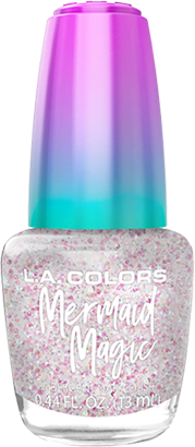 a bottle of clear nail polish with flecks of translucent pastel iridescent glitter