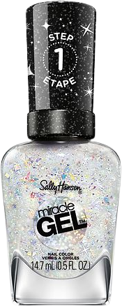 a bottle of clear nail polish with flecks of translucent pastel holo glitter