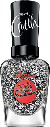 a bottle of clear nail polish with chunky glitter in black and white in varied shapes