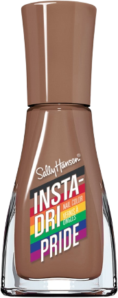 a bottle of light brown nail polish with a rainbow label
