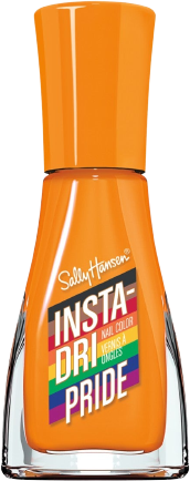 a bottle of orange nail polish with a rainbow label