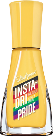 a bottle of yellow nail polish with a rainbow label