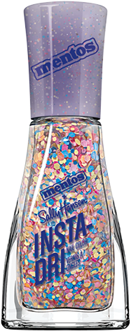 a bottle of clear nail polish with orange, yellow, blue, and pink glitter
