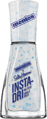 a bottle of translucent white nail polish, with blue glitter of several sizes