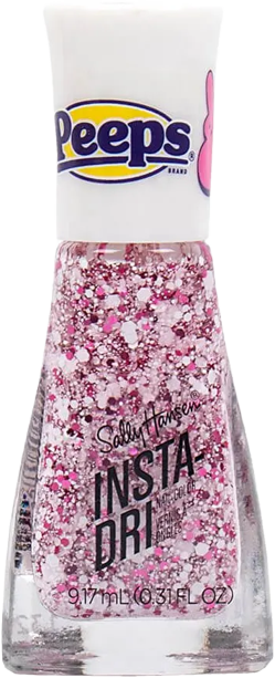 a bottle of clear polish with white, light pink, and dark pink glitters of varying sizes