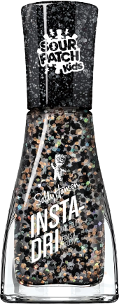 a bottle of clear nail polish with black, white and orange glitter, with a Sour Patch Kids sticker on the cap