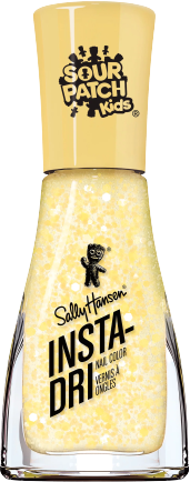 a bottle of clear nail polish with tiny yellow glitter and chunky white glitter, with a Sour Patch Kids sticker on the cap