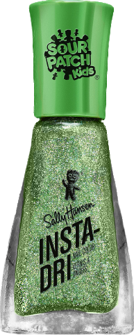 a bottle of green nail polish with silvery glitter, with a Sour Patch Kids sticker on the cap