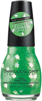a bottle of green glitter nail polish with silver four-leaf clover confetti