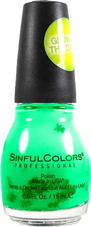a bottle of sheer green glow-in-the-dark nail polish with black skull-and-crossbones confetti pieces