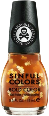 a bottle of sheer orange 'jelly' nail polish with white skull-and-crossbones confetti pieces