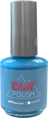 a bottle of light blue nail polish, which goes on gray but changes to blue as it gets cold