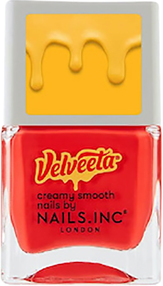 a bottle of red nail polish matching the shade used in the Velveeta logo