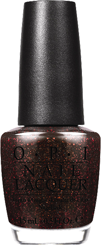 a bottle of brown jelly nail polish with fine red glitter, giving the impression of cola