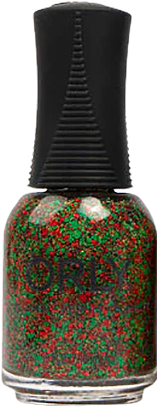 a bottle of clear nail polish with red and green glitter of various sizes