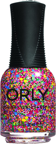 a bottle of clear nail polish with chunky glitter in bold rainbow hues