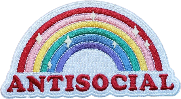 A patch with a rainbow that says 'antisocial'