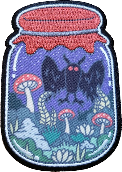 A patch shaped like a jar containing a terrarium and Mothman