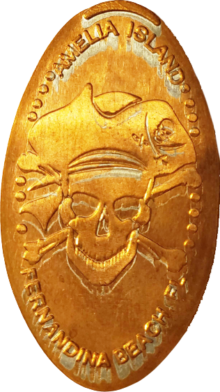 a smashed penny from Amelia Island in Florida, featuring a skull and crossbones wearing a pirate hat