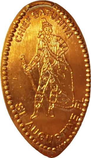 a smashed penny from St. Augustine, Florida, featuring a Native American by the name of Chief Saturiwa